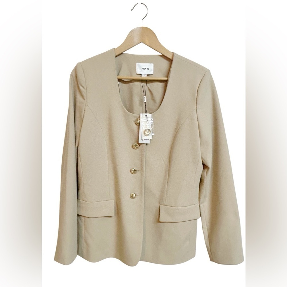 Jason Wu Blazer Light Khaki Gold Buttons Viscose Blend Size 10 NWT - Picture 1 of 5